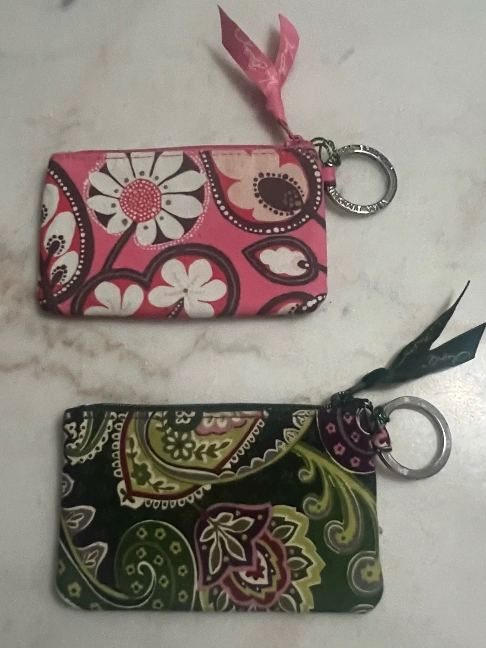 2 Vera Bradley Blush Pink And Retired Chelsea Green Paisley  Quilted Zip ID Case